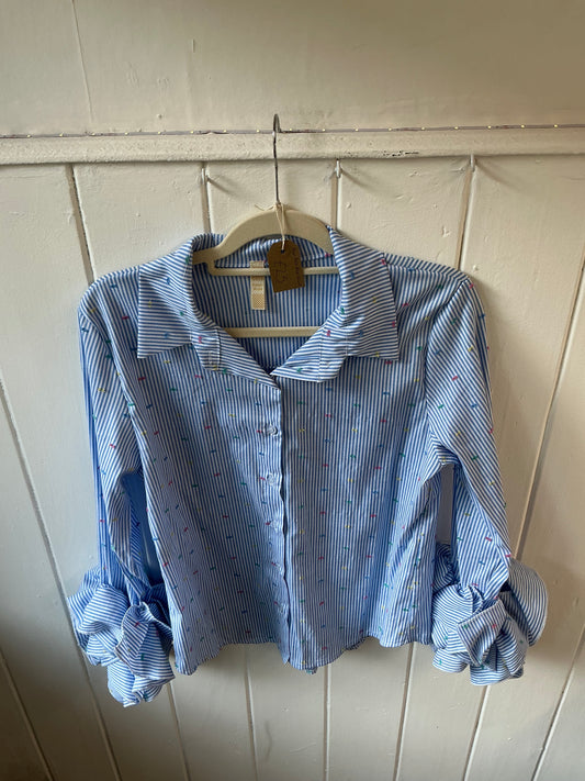 Blue Striped Shirt with Polka Dots