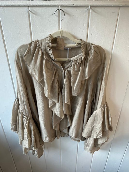 Frill Sleeve Silky Blouse Beige
