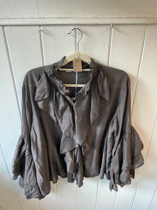 Frill Sleeve Silky Blouse Brown